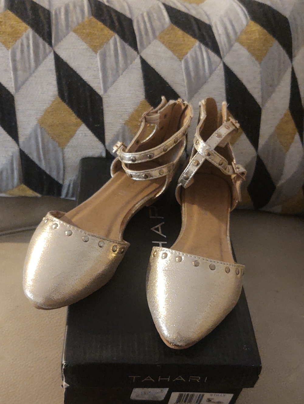 Tahari Stilly Metallic Gold Studded Pointed-Toe Flats with Ankle Straps